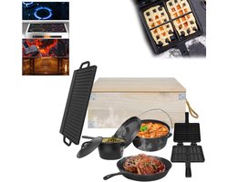 Aufun Dutch Oven Set - 12 Delig - Verpakt In Een Houten Doos - Inclusief Kookpannen, Bakvorm, Koekenpan, Deksellifter, Gietijzeren Wafelvorm, Receptenboek, Ovenwanten - Geschikt Voor Tuinfeesten, Kamperen En Bijeenkomsten