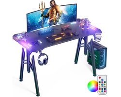 Aufun Gaming Bureau met LED-verlichting, M-Frame Computertafel, Gamingtafel van 160 x 60cm. Stabiel PC Bureau met Hoofdtelefoonhaak en Drankhouderset