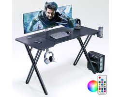 Aufun Gaming Bureau, X-Frame Computertafel, Gamingtafel van 120 x 60cm. met koolstofvezellagen, met Hoofdtelefoonhaak en Drankhouderset