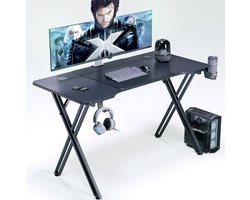 Aufun Gaming Bureau, X-Frame Computertafel, Gamingtafel van 140 x 60cm. met koolstofvezellagen, met Hoofdtelefoonhaak en Drankhouderset