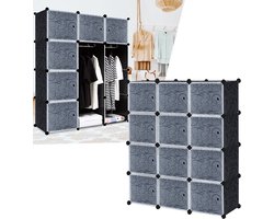 Aufun Garderobekastsysteem Met Deuren PP-Kunststof Opbergruimte Voor Kleding En Boeken Diy-Montage Stellingkast Voor Slaapkamerzuil (12 Vakken Met Deur, Zwart)