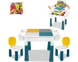 Aufun In hoogte verstelbare kindertafel met stoelenset, 6-in-1 bouwstenen, speeltafel, grote multifunctionele bouwstenenset met 163 blokken opbergruimte, 2 stoelen, cadeau voor jongens en meisjes