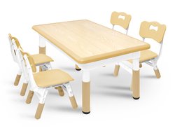 Aufun Kindertafel Met 4 Stoelenset, In Hoogte Verstelbare Kinderzitgroep, Tafel- En Stoelenset Voor Kleuterschool En Kinderkamer, Makkelijk Nemen Kunsttafel Voor In De Klas, Kunststof Kindermeubels, Houtkleur 120*60Cm