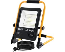 Aufun Led Bouwspot 100W Spot Koudwit Met 3M Kabel Led Schijnwerper Werklamp Waterdicht Ip66 Voor Binnen En Buiten, Garage, Bouwplaats, Sportveld