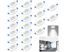 Aufun LED Inbouwspot Vlak 20x5W Koel Wit Led Inbouwspots 230V, Plafondspot IP21 voor Woonkamer, Slaapkamer, Hal, 6000-6500K