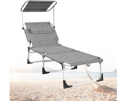 Aufun Linnen ligstoel - grijs - met zonnescherm - opvouwbaar - lichtgewicht - met kussen, draagtas en zijzak - voor tuin, balkon, patio, strand