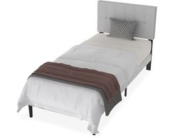 Aufun Modern Bedframe met Lederen Hoofdeinde – 90x200cm (Linnen Lichtgrijs) – Houten Lattenbodem | 300kg Max Draagvermogen – Voor Slaapkamer/Gastenkamer