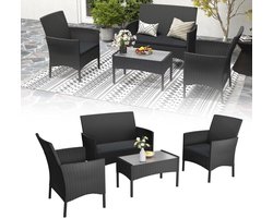 Aufun Polyrattan Tuinmeubelset voor 4 personen inclusief 1 tweezitsbank, 2 fauteuils, 1 tafel met glazen blad & zitkussens – Weerbestreden loungeset voor terras, tuin en balkon – Wit glas