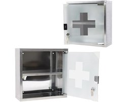 Aufun Roestvrij Stalen Medicijnkast, Afsluitbare Medicijnkast met Glazen Deur, Eerste Hulp Kast, 2 Compartimenten voor Thuis, Zilver, 30x12x30cm