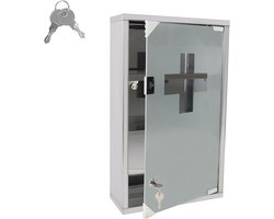 Aufun Roestvrij Stalen Medicijnkast, Afsluitbare Medicijnkast met Glazen Deur, Eerste Hulp Kast, 3 Compartimenten voor Thuis, Zilver, 30x12x50cm