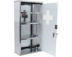 Aufun Roestvrij Stalen Medicijnkast Medicijnkastjes 30x12x57.5cm - Apothekerskast met 4 Compartimenten voor Thuis- Matglazen Deur - Afsluitbaar - Zilver