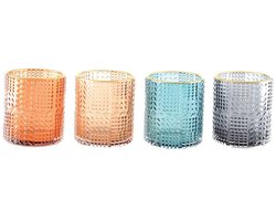 AULICA - Set 4 Color kandelaars met gouden randen - Waxinelichtjeshouder - 8x8x9cm - Set 4 stuks