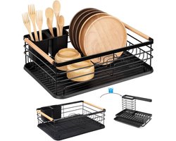 AUM afdruiprek met lekbak en bestekhouder - Compleet Droogrek met Gootsteenorganizers, Lekbak & Opbergcaddy | Ruimtebesparend Afwasrek voor Gootsteen | Zwart RVS Design | Inclusief Anti-slip Mat