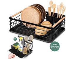 AUM® Afdruiprek met Lekbak - Inclusife Gootsteen organizer – Afwasrek - RVS - Met Bestekhouder - Ruimtebesparend - Zwart - Vaatdoekhouder