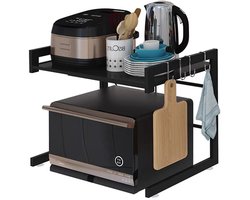 AUM® Staande Magnetron Rek - Uitschuifbaar Keukenrek 40-63 cm - Zwarte Metaal Organizer voor Magnetron, Kruiden & Keukengerei - inclusief 3 metalen hanken