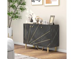 AURA LUMEN-Buffetkast-Buffet Salon Moderne Noir Marbre avec 2 Placards-3 Portes et Étagère Réglable-Pieds Métal