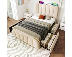 AURA LUMEN-Gestoffeerd bed Eenpersoonsbed 90 x 200 cm met opbergruimte LED en USB-Typ-C hoofdbord beige linnen