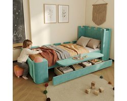 AURA LUMEN-Gestoffeerd bed-Eenpersoonsbed-90x200-cm-Bed-met-opbergruimte-Klappbare-zijdelingse-afzet-Burg-design-Blaugroen-Zonder matras