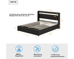 AURA LUMEN-Gestoffeerd bed-Tweepersoonsbed-160 x 200 cm-Bed met LED en USB-Bed met opbergruimte-Zwart