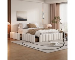 AURA LUMEN-Gestoffeerd bed-Twijfelaarbed-140 x 200 cm-Bed met lades-Minimalistisch styling-beige