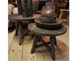 AURA PEEPERKORN| BIJZETTAFELTJE| ROND BIJZETTAFELTJE|OLD FARM collectie| oud hout