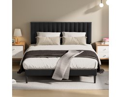Auralum® Gestoffeerd bed 140x190 cm - Metalen Bedframe Zwart - Tweepersoonsbedden met Lattenbodem - Verstelbaar Hoofdeinde - Opbergruimte Onder Het Bed - Draagkracht 480 kg