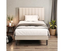 Auralum® Gestoffeerd bed 90x200 cm - Beige Metalen Bedframe - Eenpersoonsbed met lattenbodem - Opbergruimte Onder Bed - Verstelbaar Gestreept Hoofdeinde - Stevig en Stil - Draagkracht 260 kg - Beige