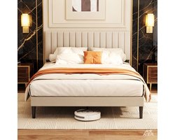 Auralum® Gestoffeerd bed Tweepersoonsbed 140x190 cm - Beige Metalen Bedframe - met lattenbodem - Opbergruimte Onder Bed - Verstelbaar Gestreept Hoofdeinde - Stevig en Stil - Draagkracht 480 kg - Beige