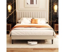 Auralum® Gestoffeerd bed Tweepersoonsbed 140x200 cm - Beige Metalen Bedframe - met lattenbodem - Opbergruimte Onder Bed - Verstelbaar Gestreept Hoofdeinde - Stevig en Stil - Draagkracht 480 kg - Beige
