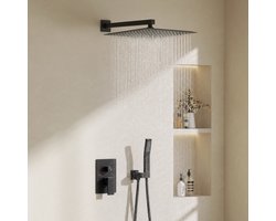 Auralum Luxe Regendoucheset - Inbouw - 12 Inch - Vierkant Douchesysteem - met Messing Kraan - Doucheset - Bedieningspaneel - Handdouche - Complete Regendouche - Mat Zwart