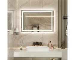 Auralum max - Badkamerspiegel met LED Verlichting - Badkamer Spiegel - Spiegel Badkamer - Spiegel Douche - Dimbaar - Wandspiegel - Badkamer/Make-up spiegel - Anti Condens Douchespiegel - Warm/Neutraal/Koud Wit - 90X60cm