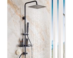 Auralum Max Douchesysteem - Regendouche Ø 25 cm - Met Vierkant Handdouche en plankje - RVS Doucheset - Verstelbare Hoogte 72-110 cm - Regendoucheset - Waterbesparend - Zwart