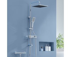 AURALUM MAX Douchesysteem Regendouche - RVS Douchekolom - Chroom Doucheset - Zonder kraan - Vierkante douchekop - Met handdouche en plankje - Hoogte Verstelbare - Chroom