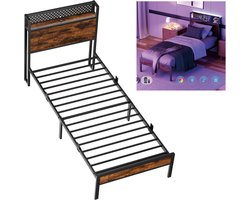Auralum MAX Eenpersoonsbed 90x200 cm - Jongerenbed - Heavy Duty Metalen Bedframe - Met LED Verlichting - Stopcontacten - USB Poorten - Type C - Hoofdbord met Opbergruimte