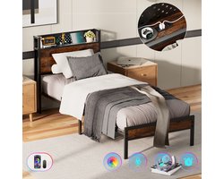 Auralum MAX Eenpersoonsbed 90x200 cm - Stevig Metalen Bedframe - Jeugdbed met LED Verlichting - Stopcontacten, USB & Type-C Poorten - Hoofdbord met Opbergruimte - Voor 1 persoon - Draagkracht 260 kg