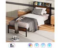 Auralum MAX Eenpersoonsbed 90x200 cm - Stevig Metalen Bedframe - Jeugdbed met LED Verlichting - Stopcontacten, USB & Type-C Poorten - Hoofdbord met Opbergruimte - Modern & Duurzaam Design