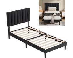 Auralum Max Gestoffeerd Bed 90 x 200 cm met Hoofdbord en Lattenbodem - Metalen Bedframe - Eenpersoonsbed met 17 cm Opbergruimte - Gemakkelijk te Monteren