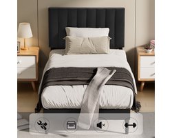 Auralum Max Metalen Bedframe - Gestoffeerd Hoofdbord Zwart - Eenpersoonsbeddenden 90x200 CM - Verstelbaar Hoofdbord - Opbergruimte Onder Het Bed - Draagkracht 480 kg (Zonder matras)