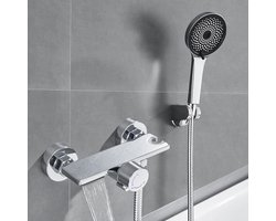 Auralum Max Opbouw Badkraan met Handdouche Complete Set - Chroom - Watervalontwerp - met 5 Functies Handdouche - Met plank - 150 mm Hartafstand - RVS