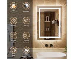 Auralum max Rechthoek Badkamerspiegel Met LED Verlichting - Dimbaar - Anti-Condens - 2700K/4000K/6000K - 80X60CM - Transparant