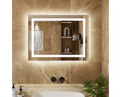 Auralum max Rechthoek Badkamerspiegel Met LED Verlichting - Dimbaar - Anti-Condens - 2700K/4000K/6000K - 80X60CM - Transparant