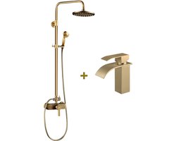 Auralum Max Regendouche - Antiek Messing Doucheset - Met Wastafelkraan - Retro Koperen - Hoogte Verstelbaar 96-135 cm - Mengkraan - Wandmontage - Compleet Regendoucheset - Goud
