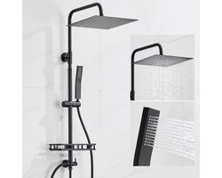 Auralum Max Regendouche - Doucheset Zwart - 12 inch Douchekop - Met Plankje - Verstelbare Hoogte 72-110 cm - Vierkant Design - Duurzame Messing Omsteller voor Badkamer - Zwart