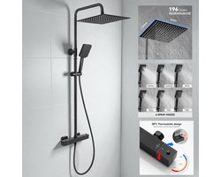 Auralum max Regendouche met Thermostaatkraan - Ø 25 cm - Zwart - Doucheset Regendoucheset - 6 standen Handdouche - Waterbesparend - met 38°C Thermostatische Mengkraan
