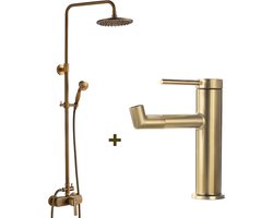 Auralum Max Regendouche - Vintage Doucheset - Met 360° Draaibare Wastafelkraan - Regendouche en Handdouche - Goud - Messing & RVS - Waterbesparend - Waterbesparend - Installatie materiaal