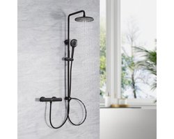 Auralum Max Regendoucheset zonder kraan - Douchesysteem - met Verstelbare Stang - Ø 22 cm Ronde Hoofddouche & Handdouche 3 Standen - Mat Zwart