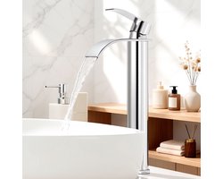 Auralum Max Wastafelkraan Chroom - Badkamerkraan - Wastafel Kraan - Watervalkraan - Hoge Uitloop Mengkraan - Warm & Koud - Waterbesparend - RVS - Chroom