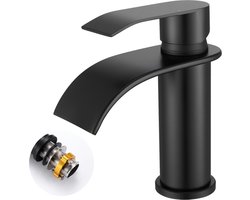 Auralum max Wastafelkraan Zwart - Badkamerkraan Zwart - Watervalontwerp - RVS - Warm & Koud - Inclusief Aansluit slangen 3/8