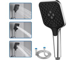 Auralum max Waterbesparende Douchekop met Slang - Douchekop - Regendouche - Wellness - 3 Sproeistanden - Hoge Druk - met 1,5m Slang - Hoofddouche - Chroom+Zwart
