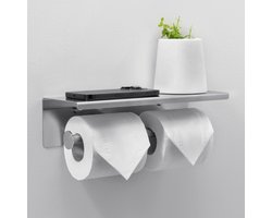 Auralum max WC Rolhouder met Plankje - Kan twee rollen papier ophangen - RVS - Toiletrolhouder - WC Papier Houder - Kan twee rollen papier ophangen - Geborstelde - Planchet Badkamer